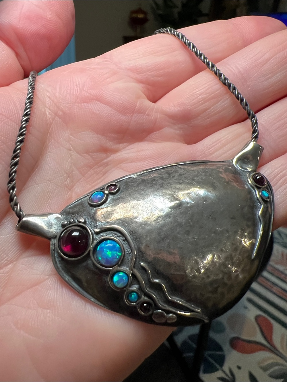 Vintage Modernist Designer Blue Opal Garnet Sterling Silver Pendant Necklace